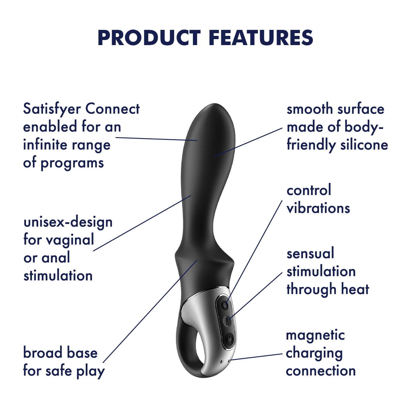 App-controlled anal vibrator with heating and vibration features.