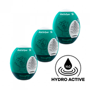 Three teal Satisfyer Naughty Masturbator Eggs with line art faces and textured stimulation zones.