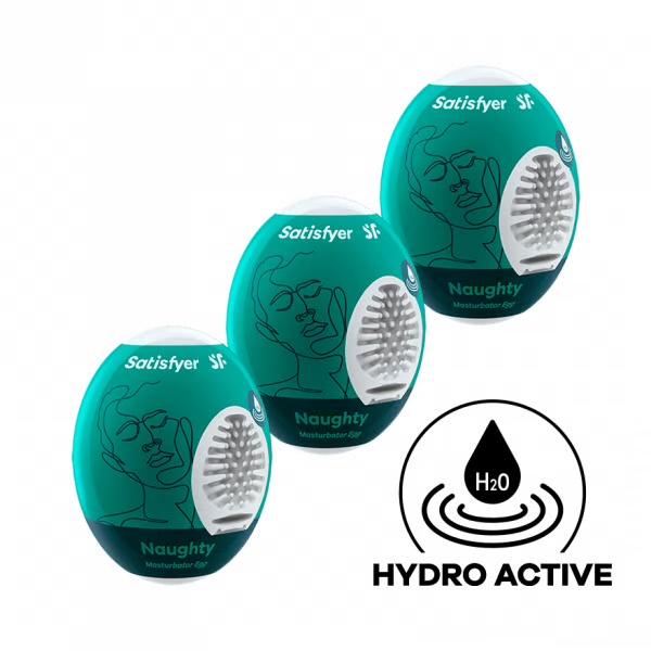 Three teal Satisfyer Naughty Masturbator Eggs with line art faces and textured stimulation zones.