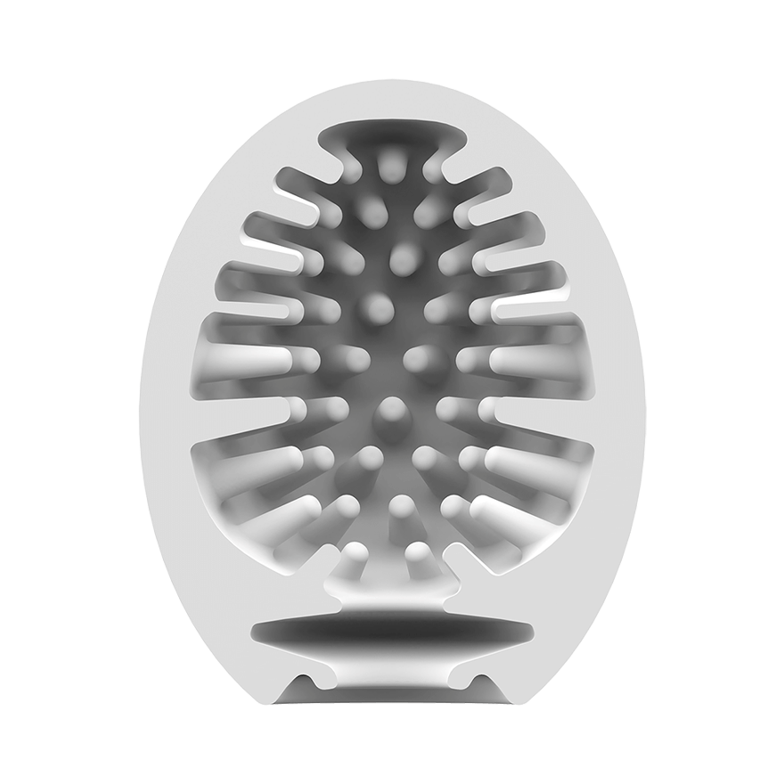 A white masturbator egg with internal textured bumps and ridges.