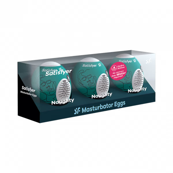 Satisfyer Naughty Masturbator Egg 3-piece set in teal with textured interiors.