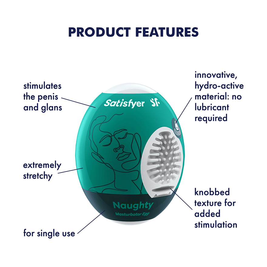 Satisfyer Naughty Masturbator Egg with textured surface and face design.