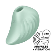 A light green, shell-shaped clitoral massager with ribbed detailing and a logo.