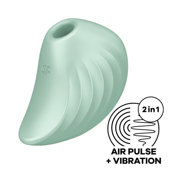 A light green, shell-shaped clitoral massager with ribbed detailing and a logo.