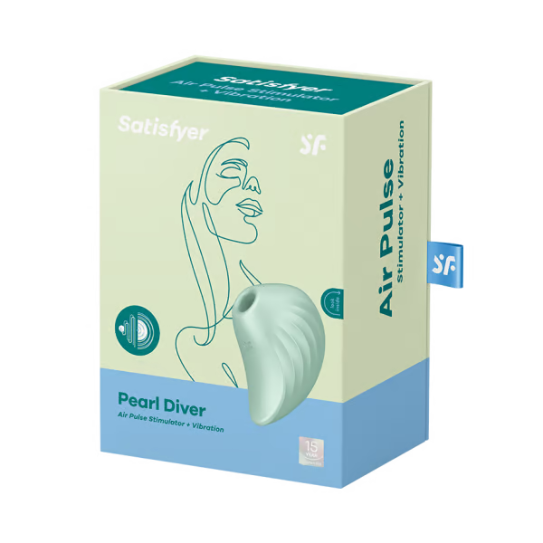Satisfyer Pearl Diver clitoral massager in a light green color on its packaging.