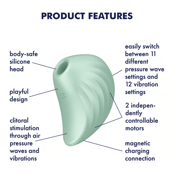 A light green, shell-shaped clitoral massager with labeled features.