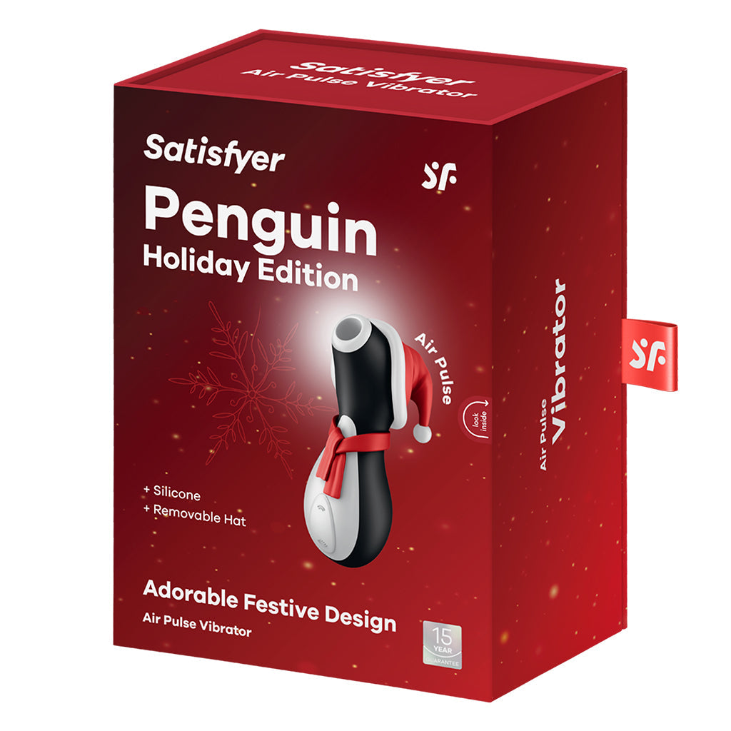 Satisfyer Penguin Holiday Edition air pulse vibrator with removable hat.