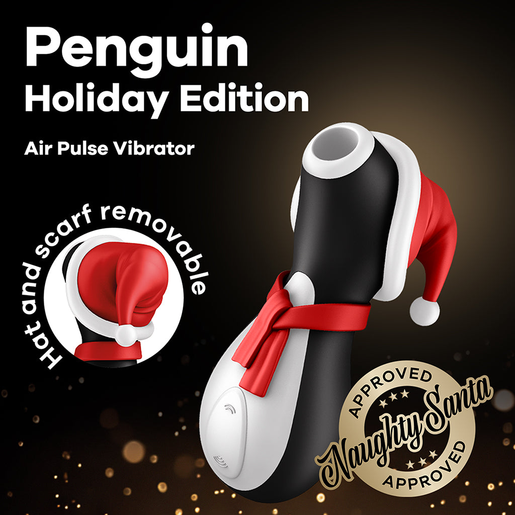 Penguin Holiday Edition Air Pulse Vibrator with removable hat and scarf.