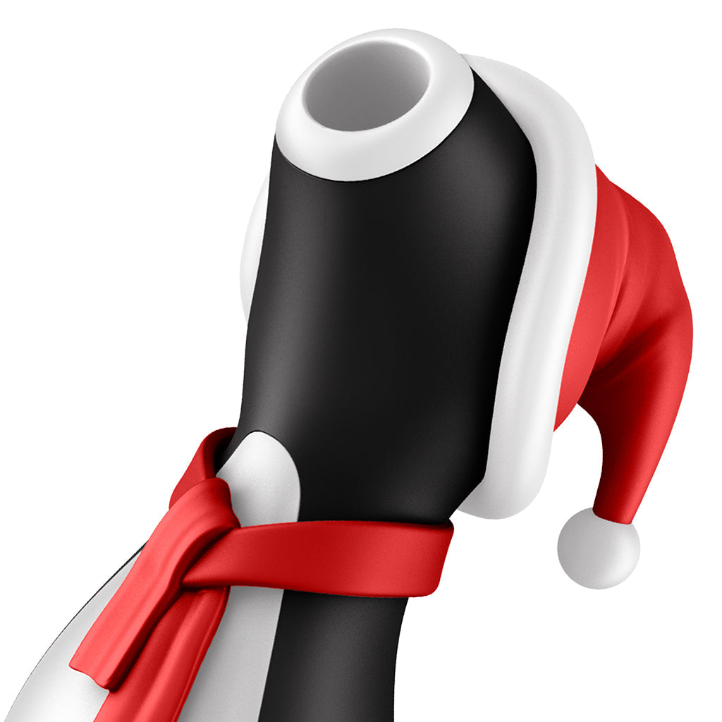 Black and white penguin stimulator with red Santa hat and scarf.