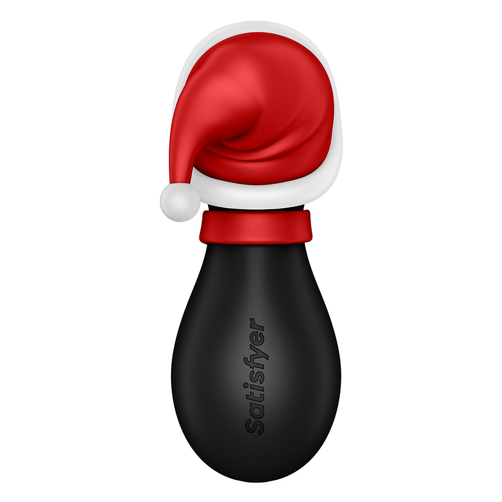 Black Satisfyer Penguin clitoral stimulator with a Santa hat.