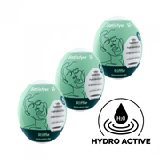 Three Satisfyer Riffle masturbator eggs with abstract face designs.
