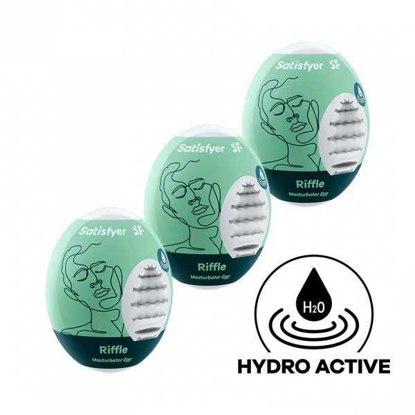 Three Satisfyer Riffle masturbator eggs with abstract face designs.