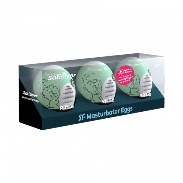 Satisfyer Riffle masturbator eggs in a 3-piece set, featuring hydroactive TPE and a line art design.