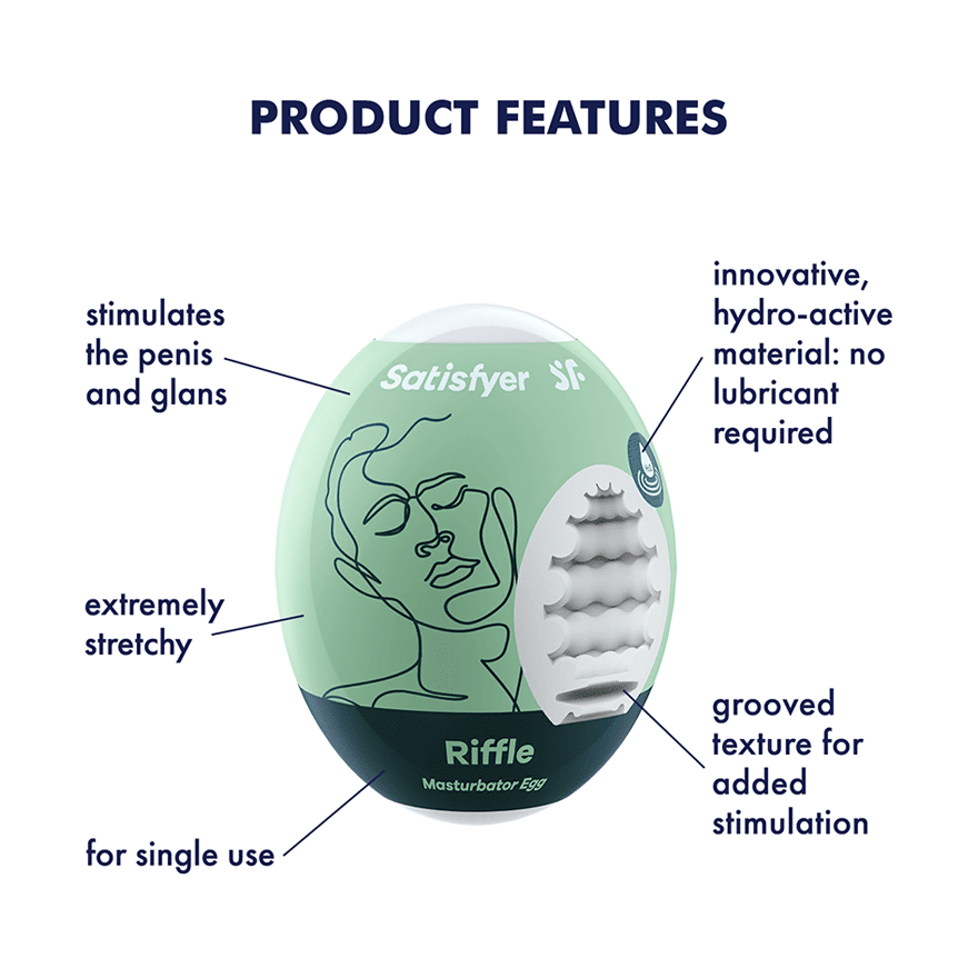 Satisfyer Riffle masturbator egg with grooved texture and face design.