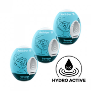 Three Satisfyer Savage Masturbator Eggs with abstract face designs.