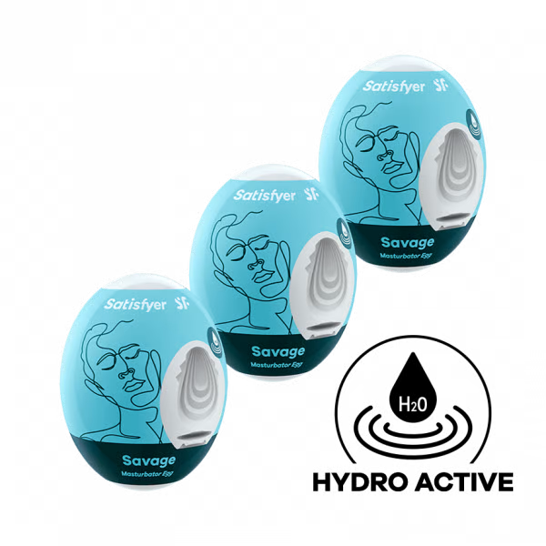 Three Satisfyer Savage Masturbator Eggs with abstract face designs.