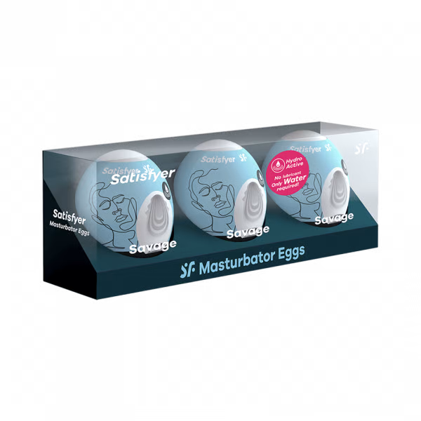 Satisfyer Savage Masturbator Egg 3-piece set in blue with line art faces.