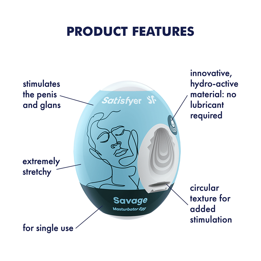 Satisfyer Savage Masturbator Egg with hydroactive material and circular texture.