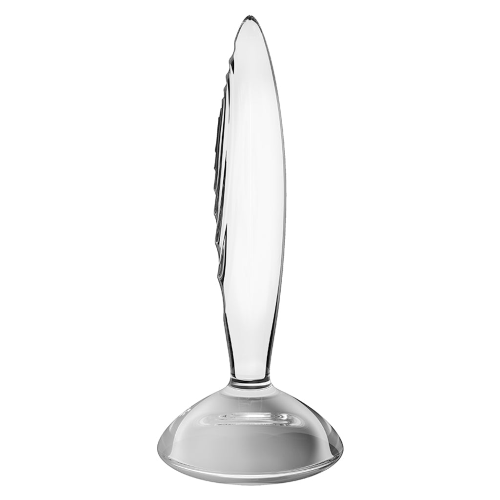 Clear glass anal plug with a flared base and textured edge.