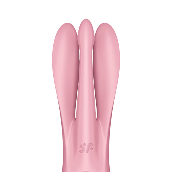 A pink vibrator with three flexible arms and a logo at the base.