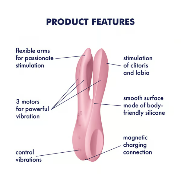Pink lay-on vibrator with flexible arms, three motors, and smooth silicone.