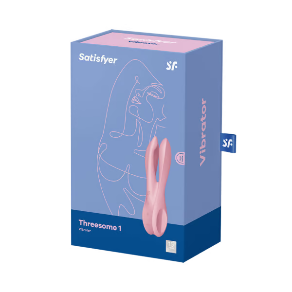 Satisfyer Threesome 1 vibrator in pink on a blue box with line art.