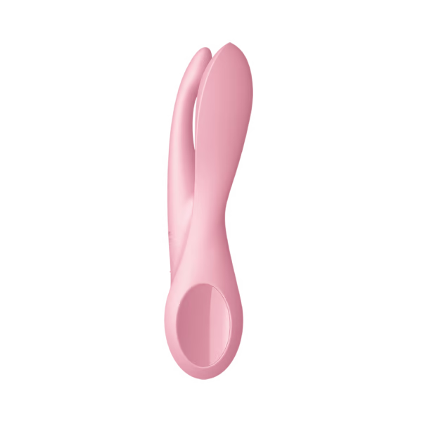 A pink silicone vibrator with two curved arms and a central opening.