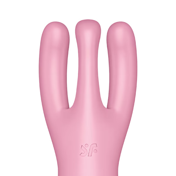 Pink Satisfyer Threesome 4 vibrator with three flexible arms and a logo.