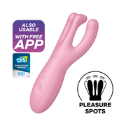 Pink Satisfyer Threesome 4 vibrator with app control and CES Innovation Award 2021.