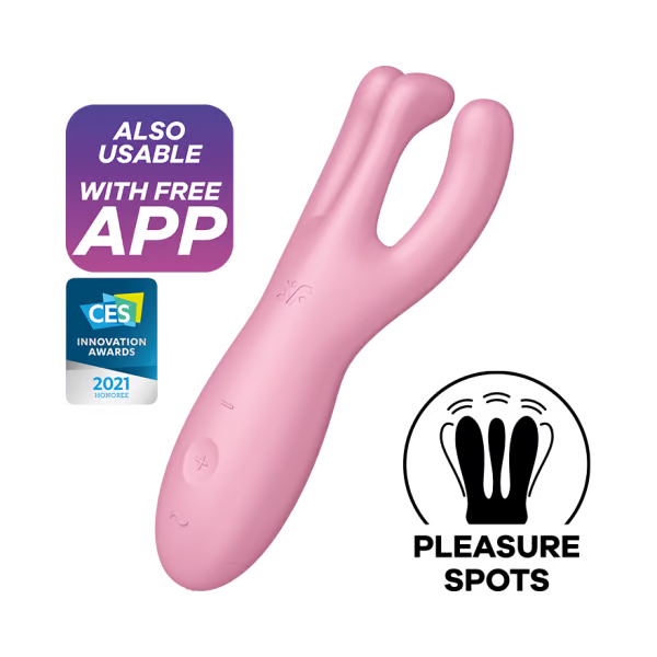 Pink Satisfyer Threesome 4 vibrator with app control and CES Innovation Award 2021.