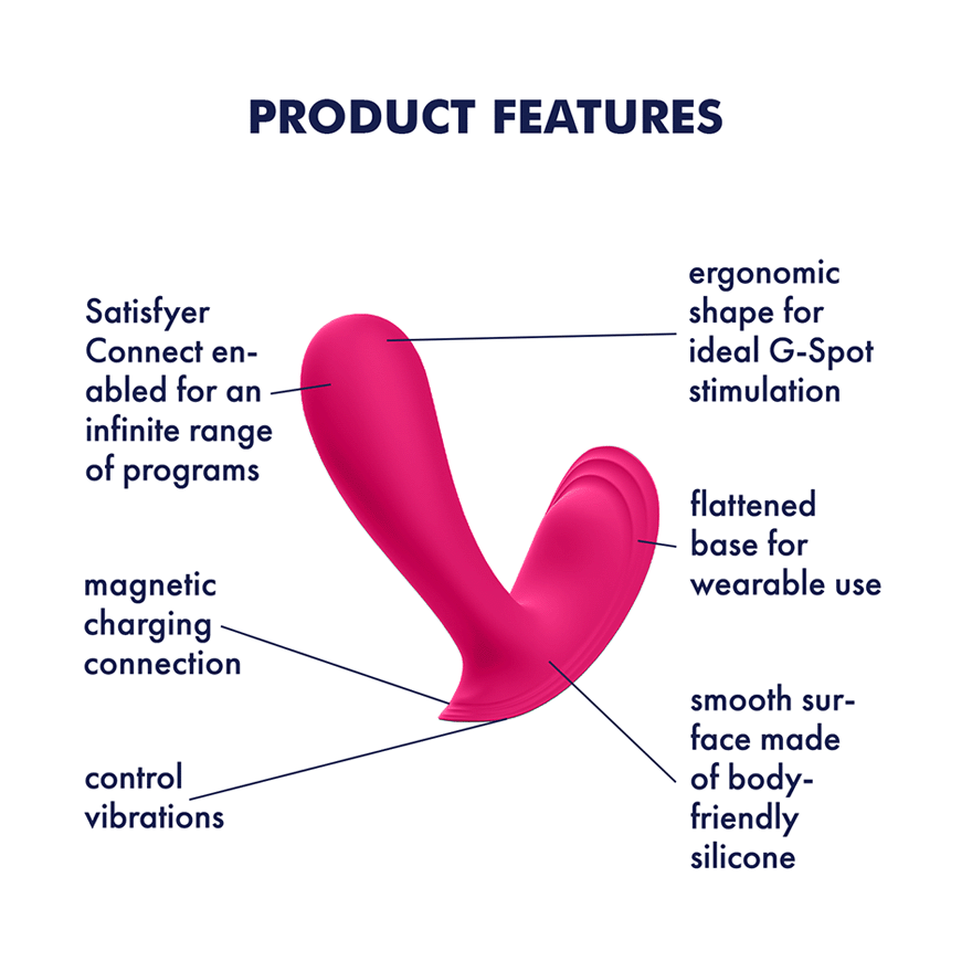 Pink wearable G-spot vibrator with app control and magnetic charging.