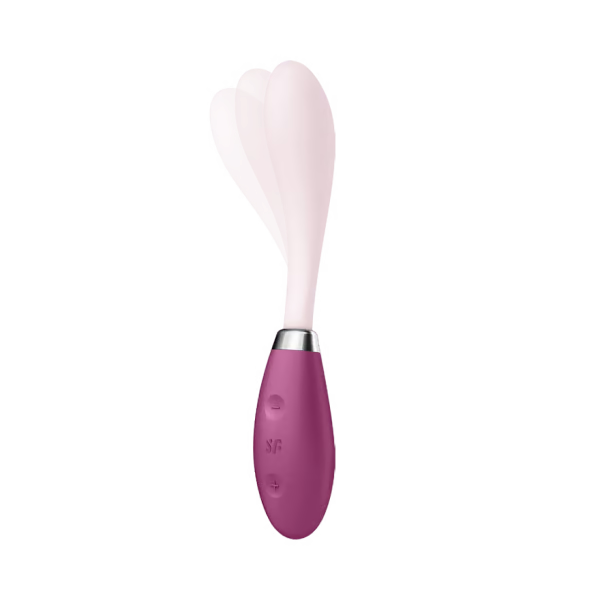 A pink vibrator with a flexible head and a purple handle.