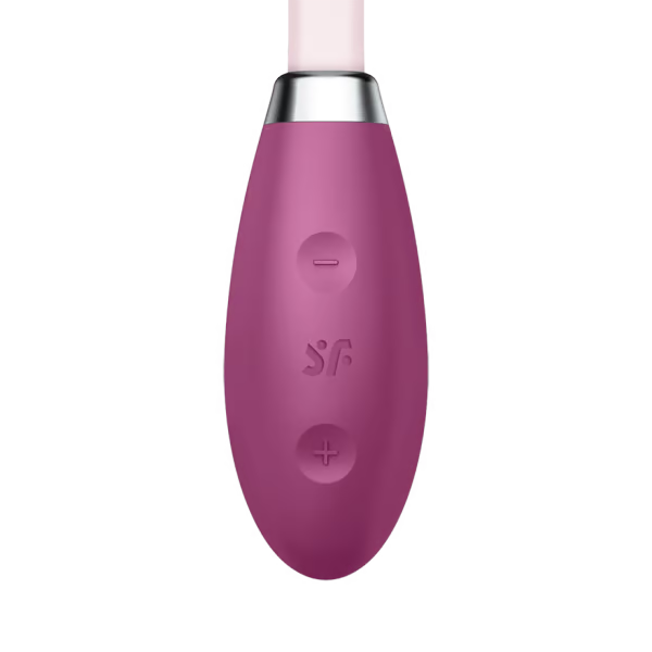 A pink vibrator with buttons and a logo.