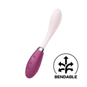 A pink and purple silicone vibrator with buttons on the handle.