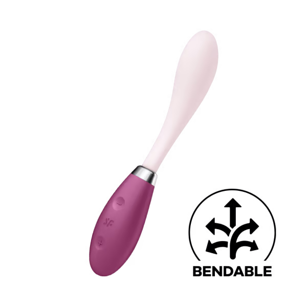 A pink and purple silicone vibrator with buttons on the handle.
