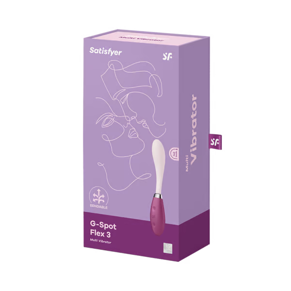 Satisfyer G-Spot Flex 3 multi vibrator in purple packaging with a pink vibrator.