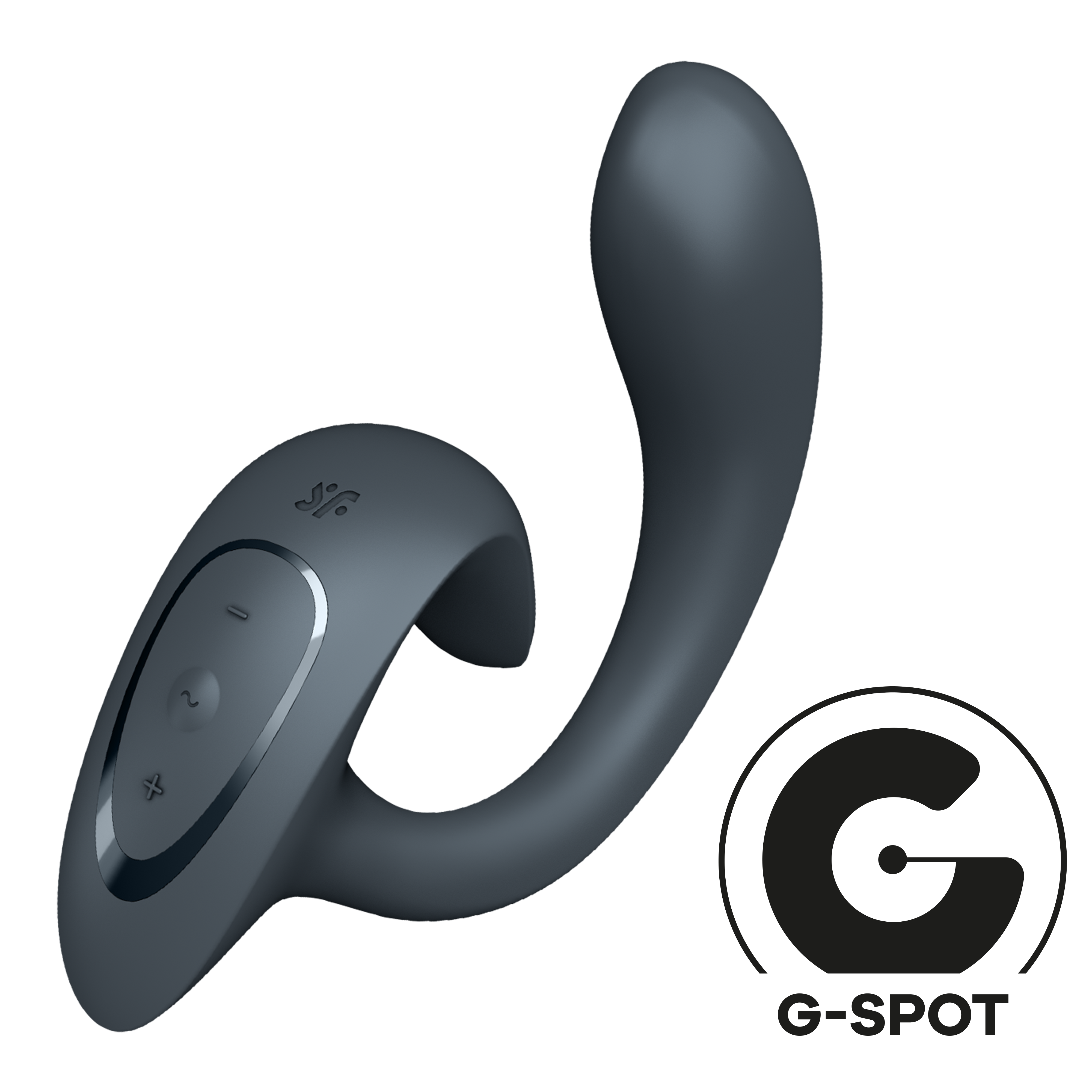 A grey G-spot stimulator with control buttons and a curved shaft.