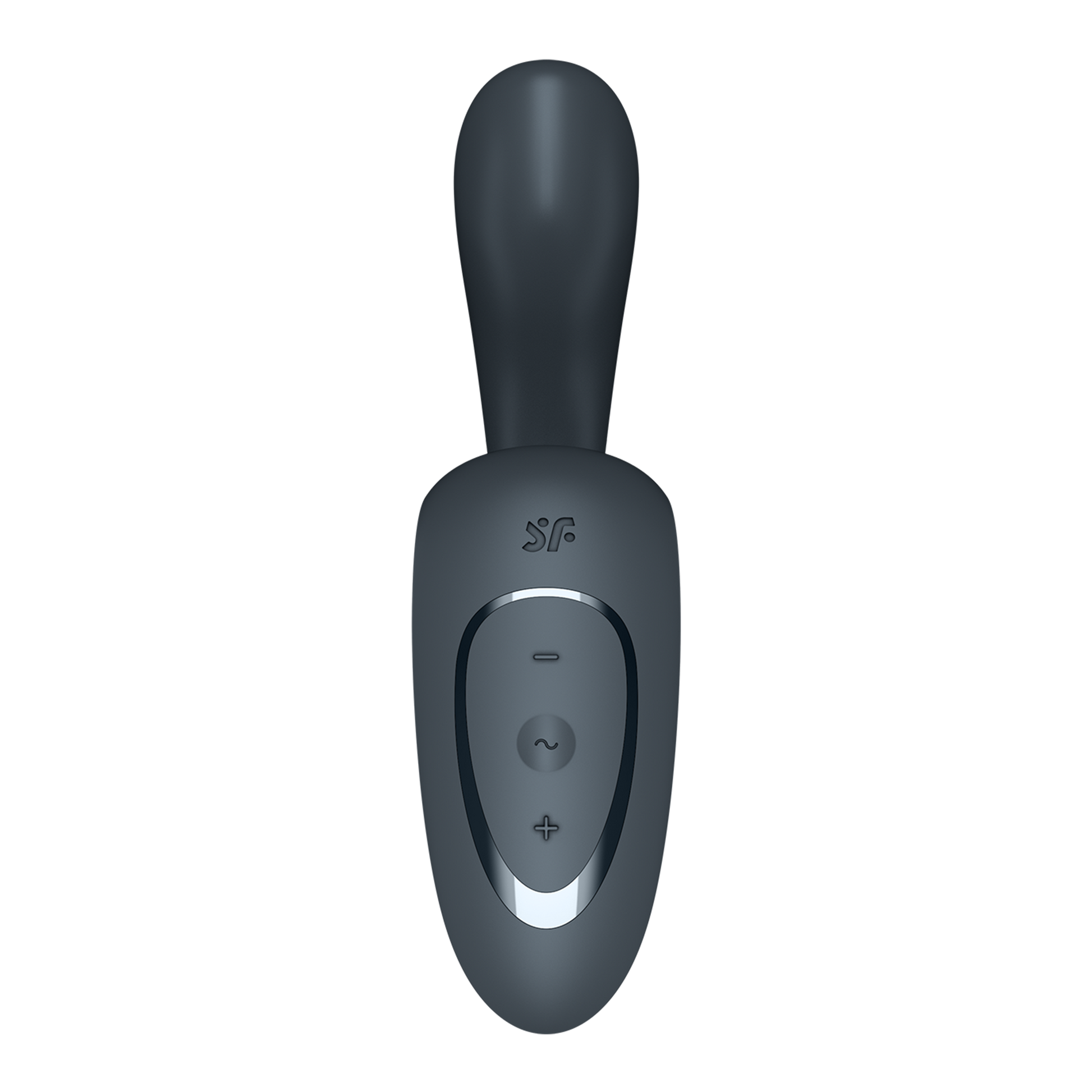 A dark gray rabbit vibrator with a smooth finish and control buttons.