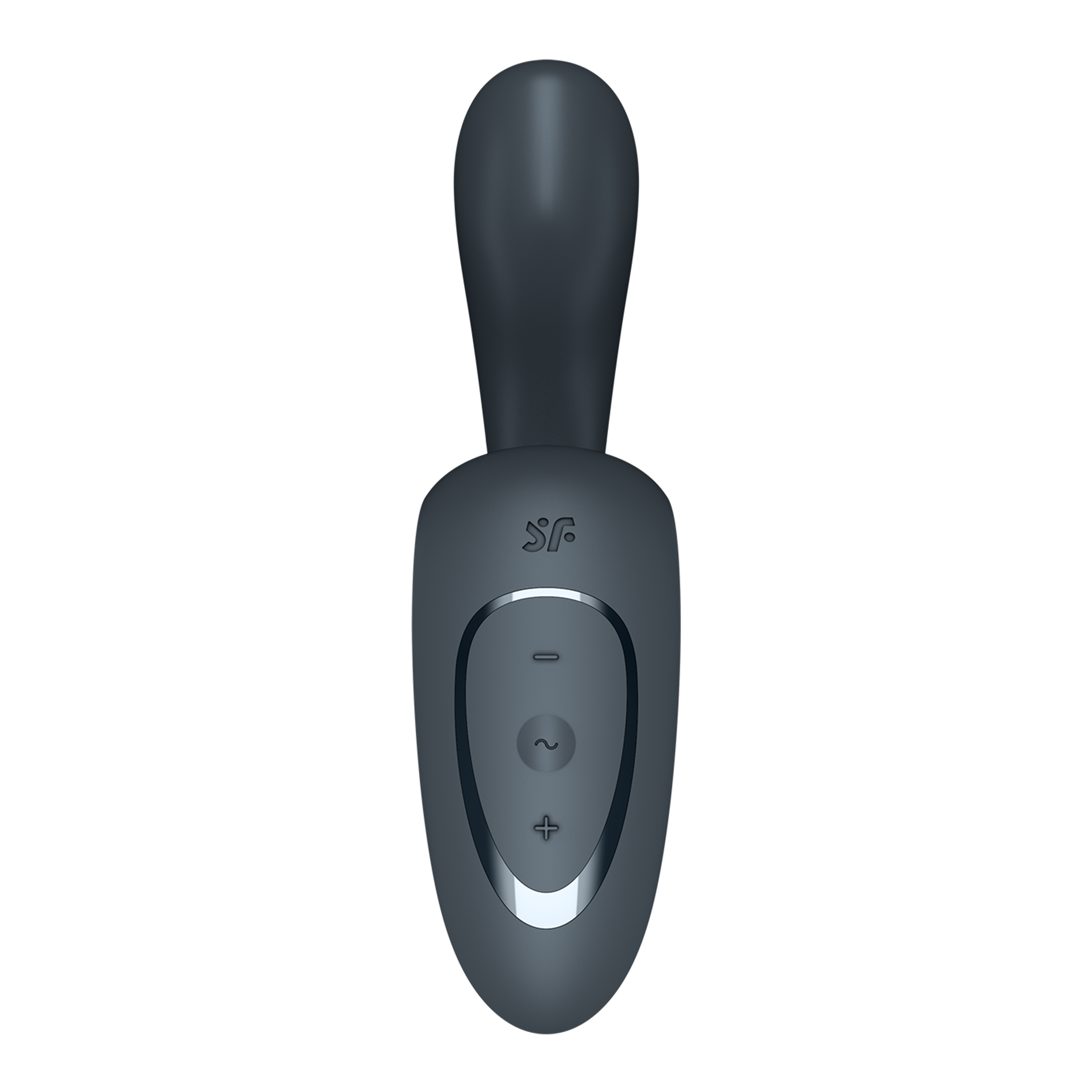A dark gray rabbit vibrator with a smooth finish and control buttons.