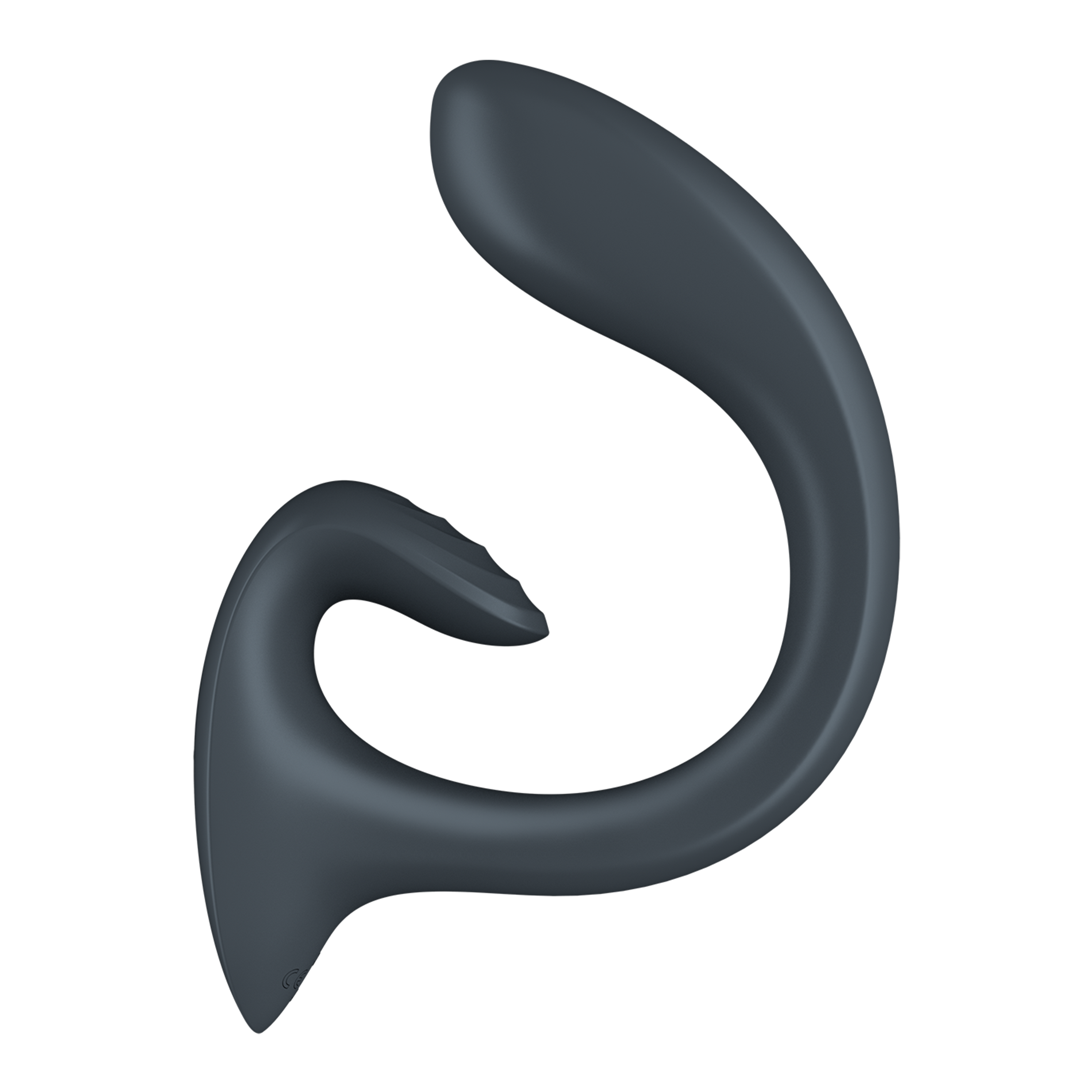 A dark gray rabbit vibrator with a curved shaft and a CE mark.