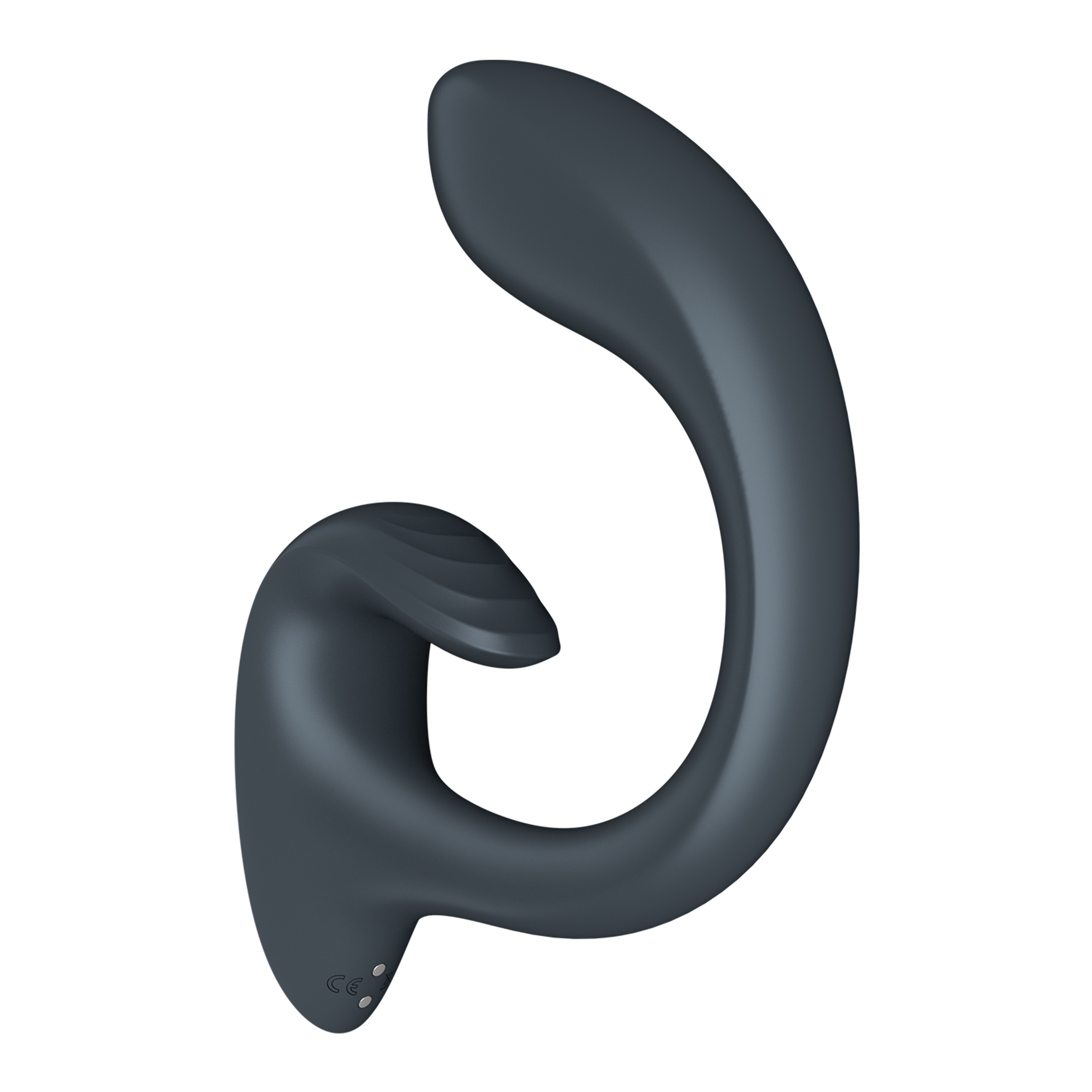 A dark grey rabbit vibrator with a curved shaft and textured ridges.