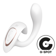 A white rabbit vibrator with rose gold accents and control buttons.