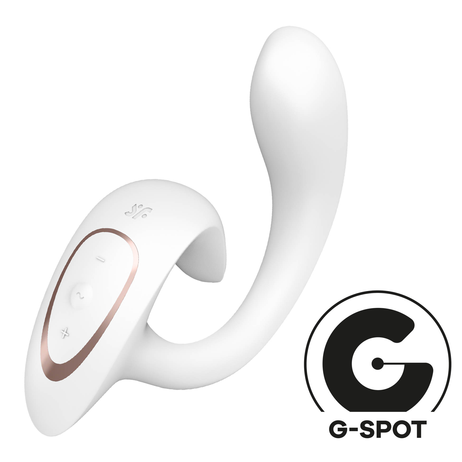 A white rabbit vibrator with rose gold accents and control buttons.