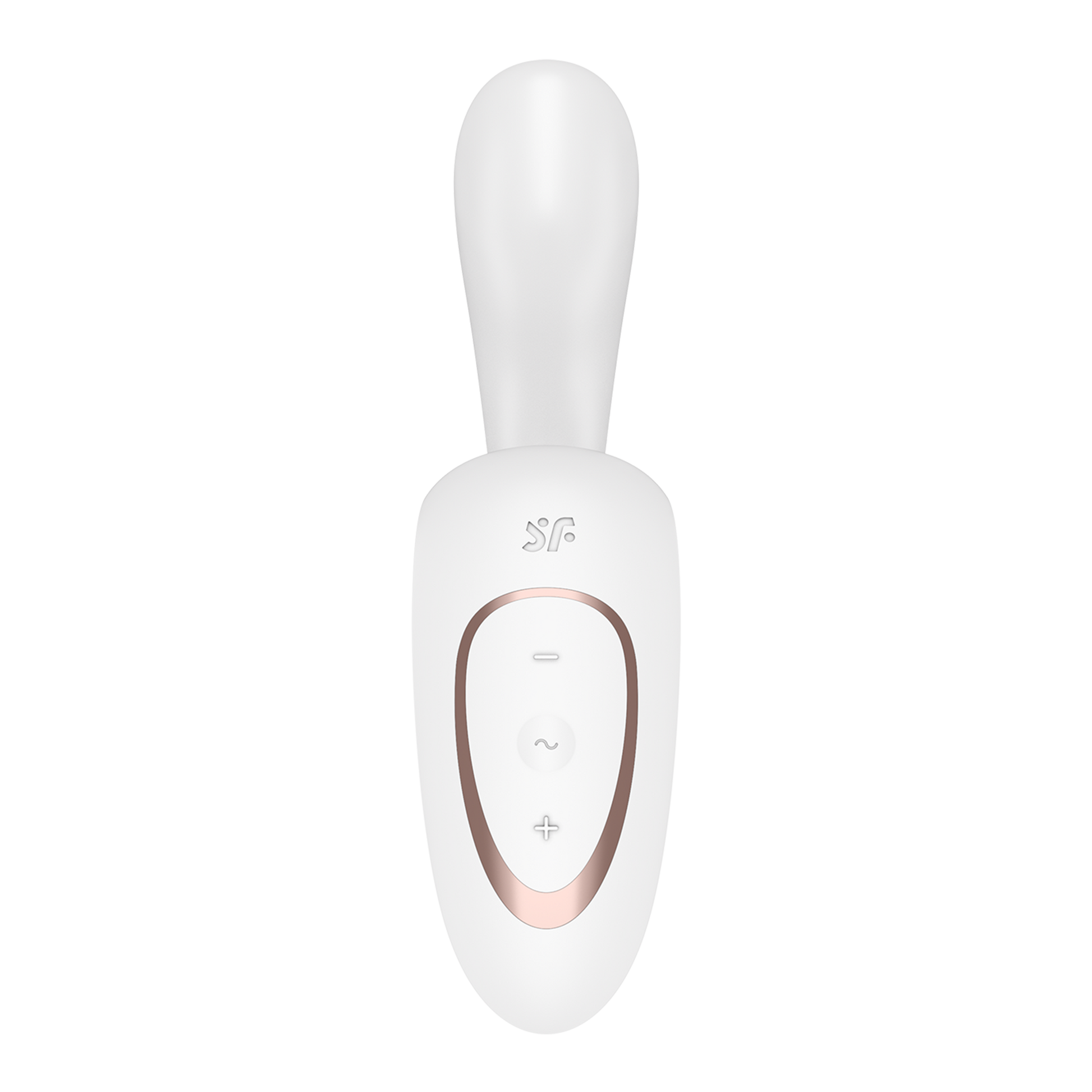 White rabbit vibrator with rose gold accents and control buttons.