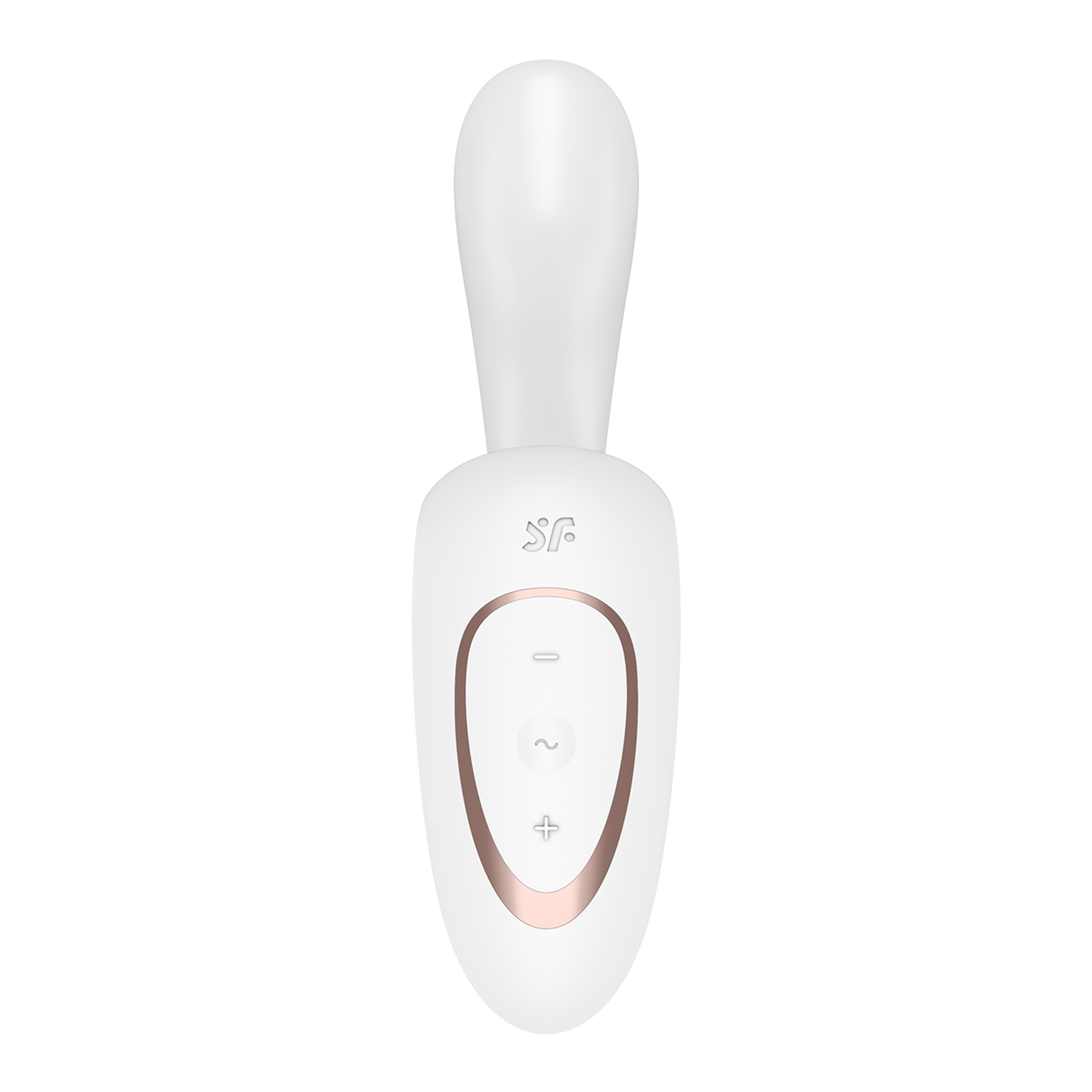 White rabbit vibrator with rose gold accents and control buttons.