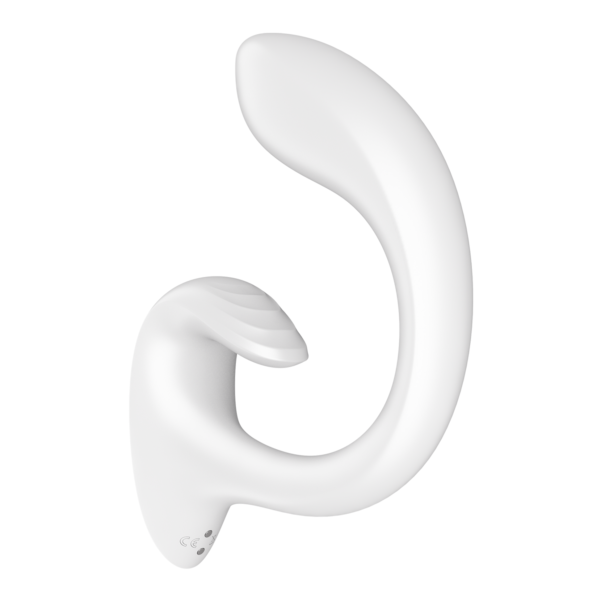 A white, curved rabbit vibrator with a CE mark.