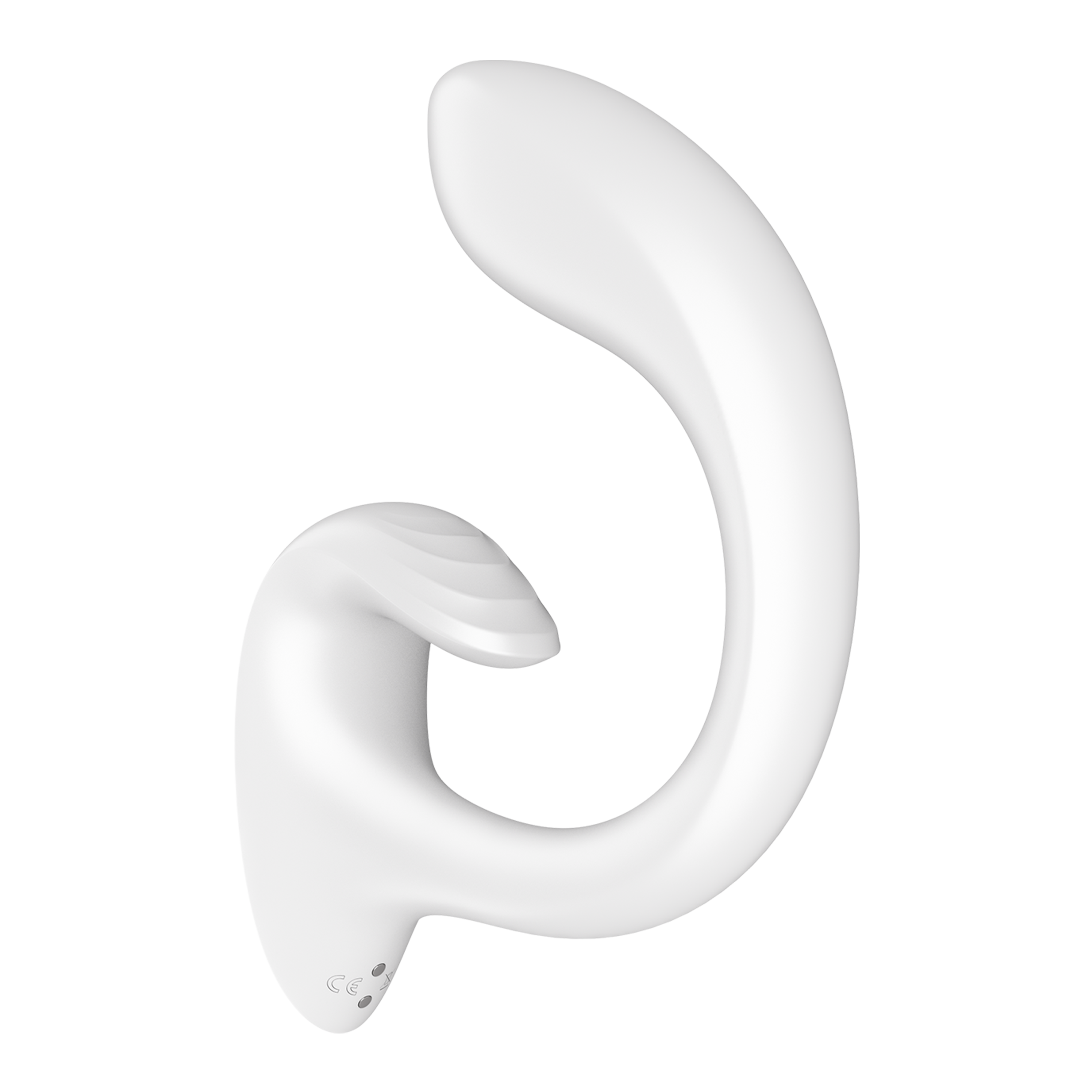 A white, curved rabbit vibrator with a CE mark.
