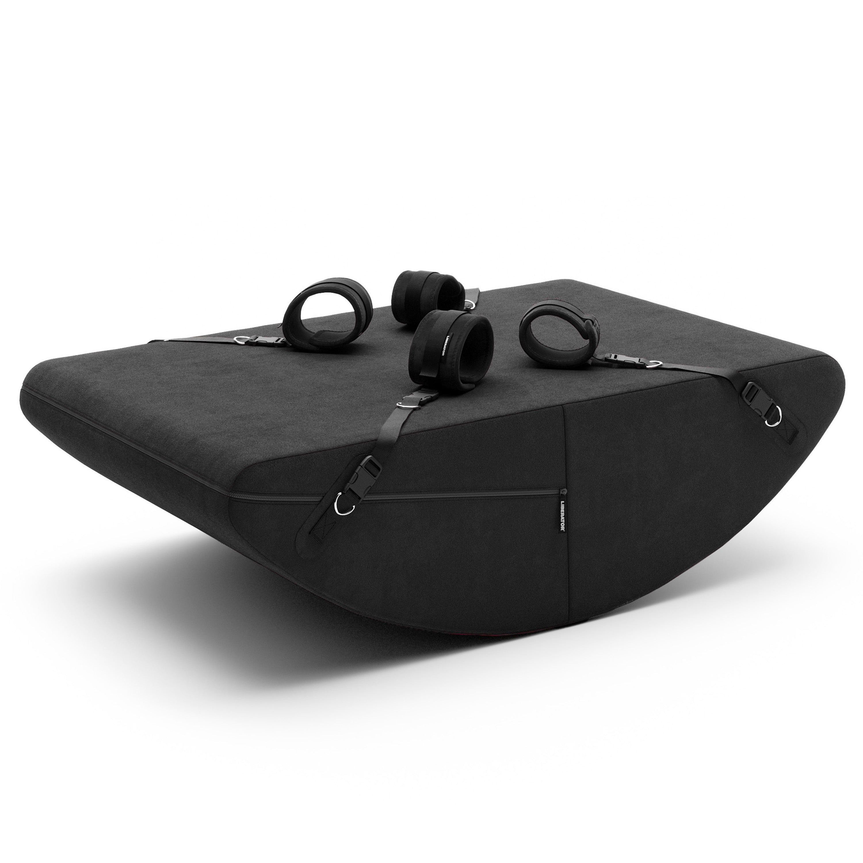 Black microvelvet scoop rocker positioning cushion with restraints.