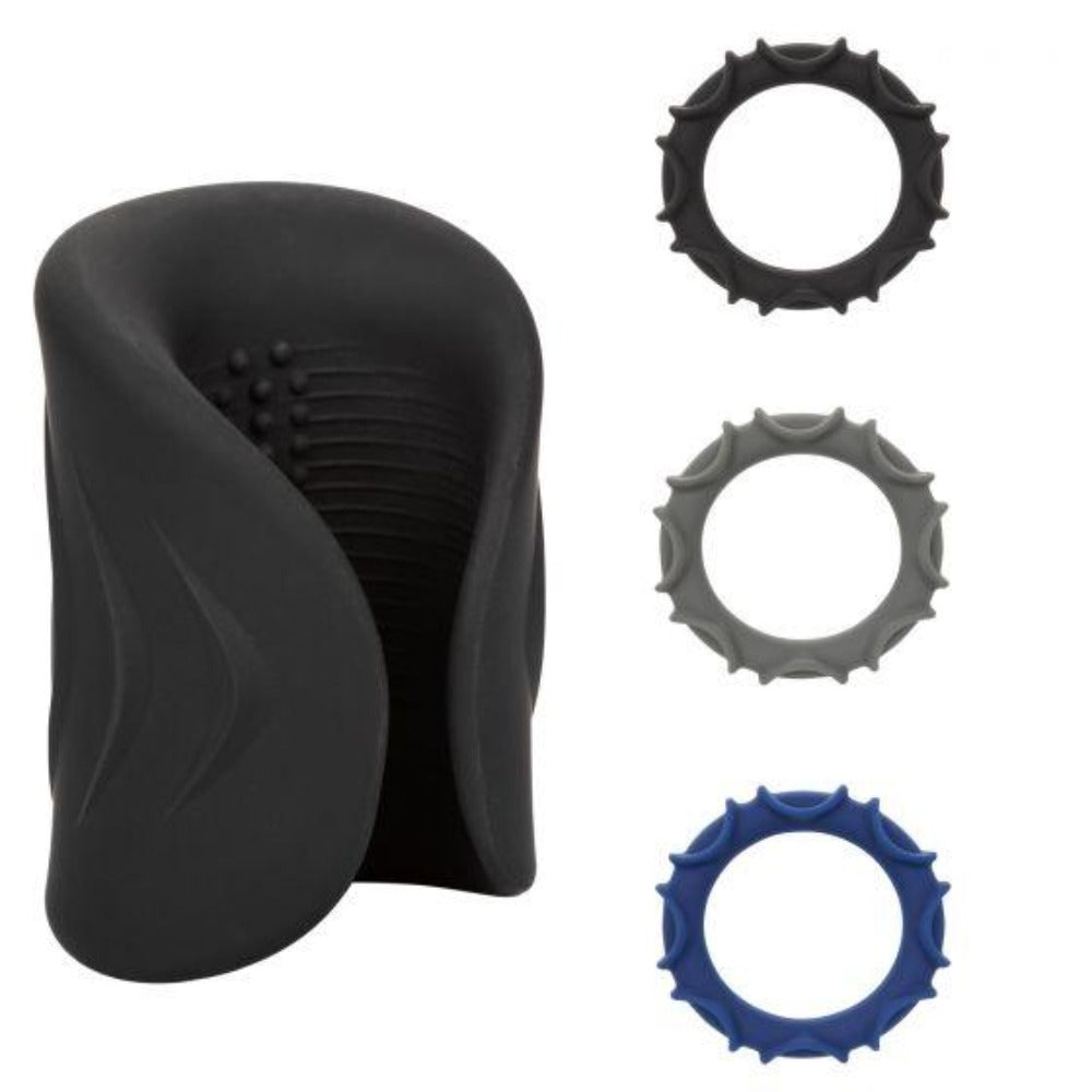 Black vibrating male masturbator with three colored rings.