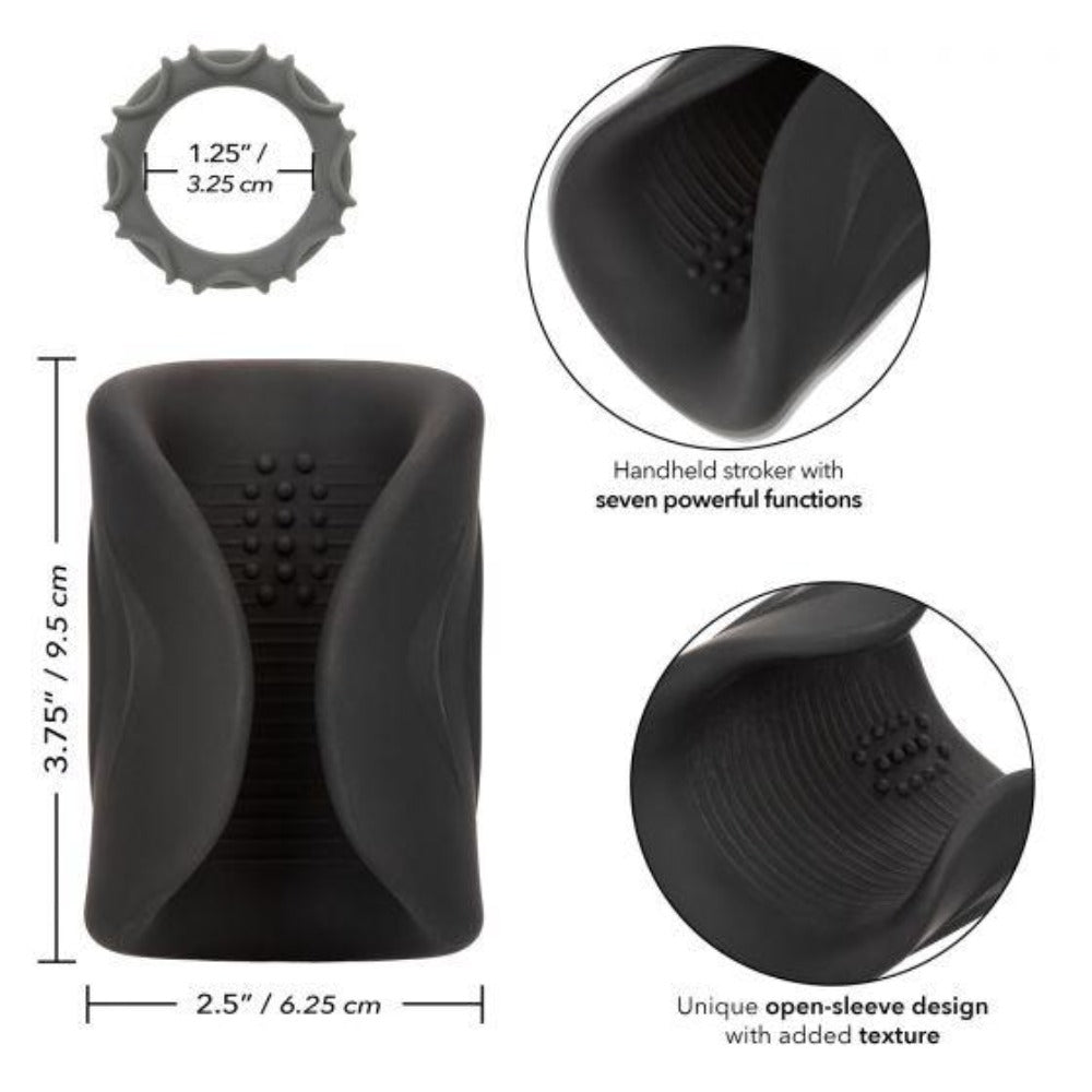 Black vibrating male masturbator with textured interior and open sleeve design.
